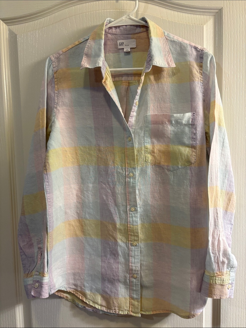 GAP 100% Linen | Pastel Plaid Button-Down | Yellow, Pink, Blue, Lavender | Women